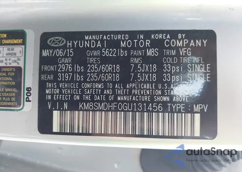 2016 Hyundai Santa Fe Se from USA, damaged, VIN KM8SMDHF0GU131456